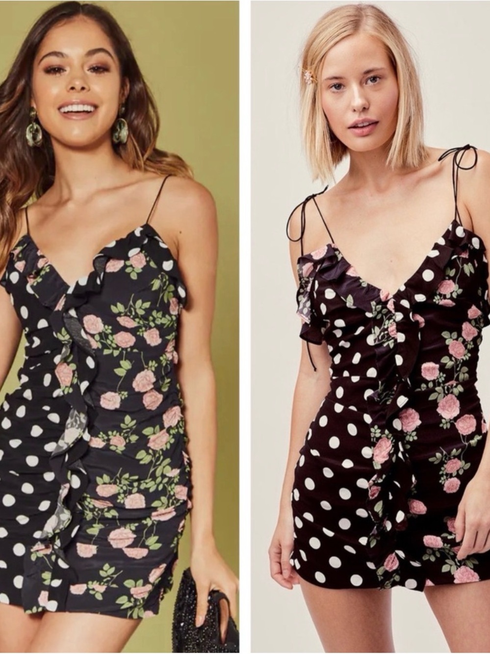For Love And Lemons Black Floral & Polka Dot Ruffle Mini Dress